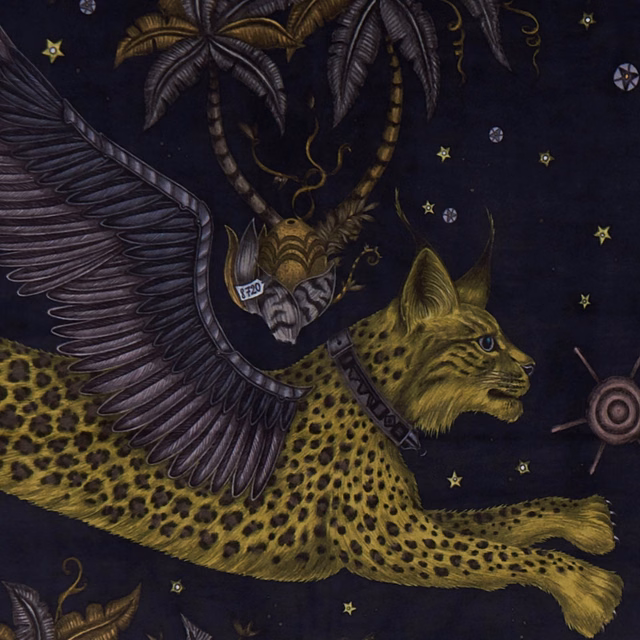 Charcoal velvet with olive leopard, winged bird, foliage and scattered stars