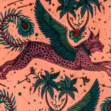 Warm coral velvet with a winged leopard, teal palms, stars and dark rosette markings