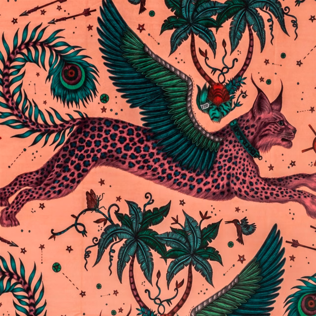 Warm coral velvet with a winged leopard, teal palms, stars and dark rosette markings