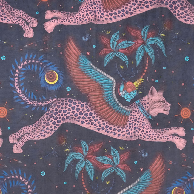 Navy velvet with pink spotted leopards, turquoise feathers and jewel-toned palms