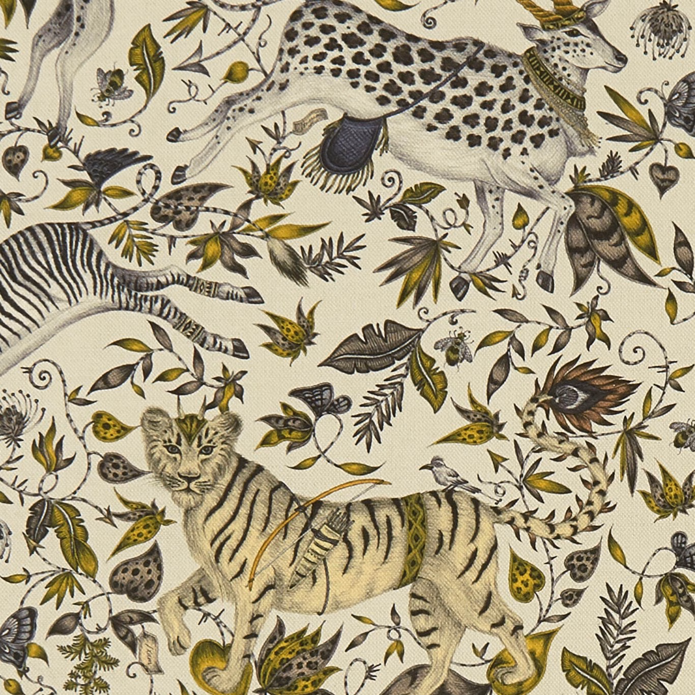 Cream ground with gold tigers, spotted leopard and olive botanical trails