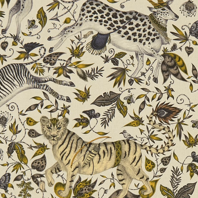 Cream ground with gold tigers, spotted leopard and olive botanical trails