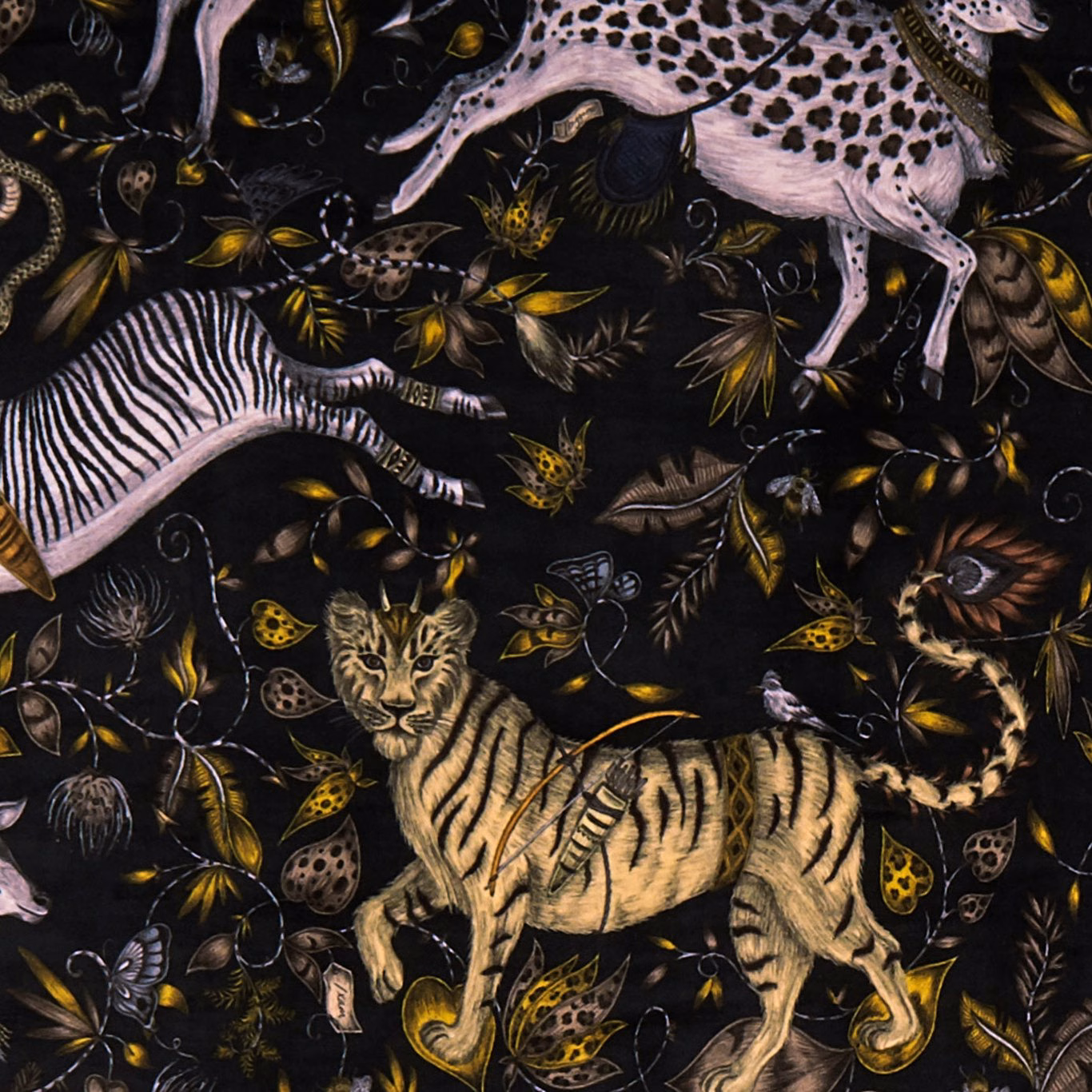 Charcoal velvet with pale leopards, zebra stripes, golden foliage and spotted botanical detail