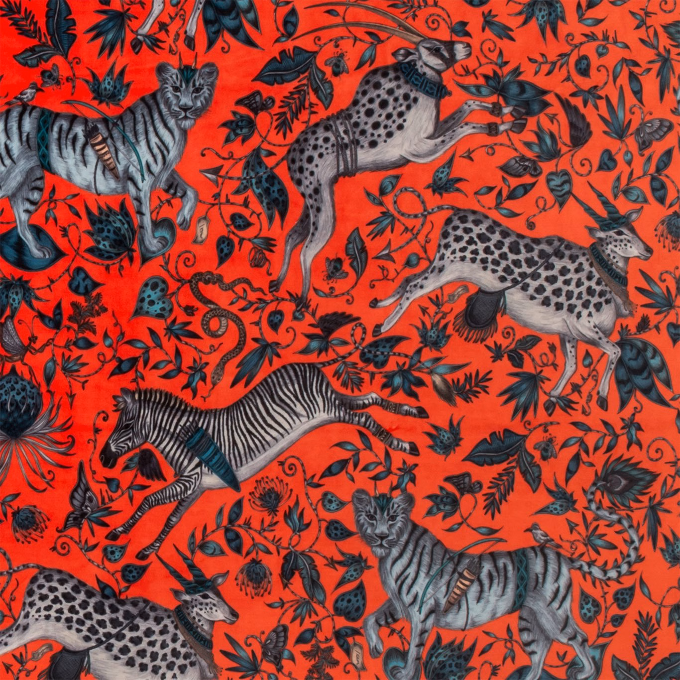 Vivid coral velvet with charcoal wildlife, striped zebra and spotted antelope motifs