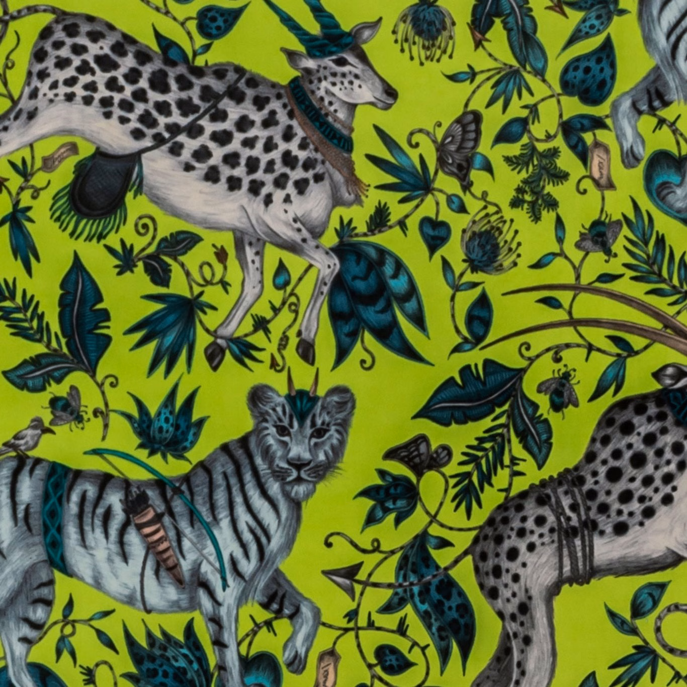 Vivid lime velvet with spotted animals, zebra, teal foliage and black botanical details