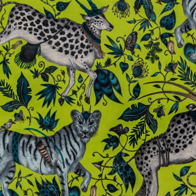 Vivid lime velvet with spotted animals, zebra, teal foliage and black botanical details