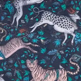 Deep navy velvet with turquoise foliage, spotted leopards and blush-toned tigers