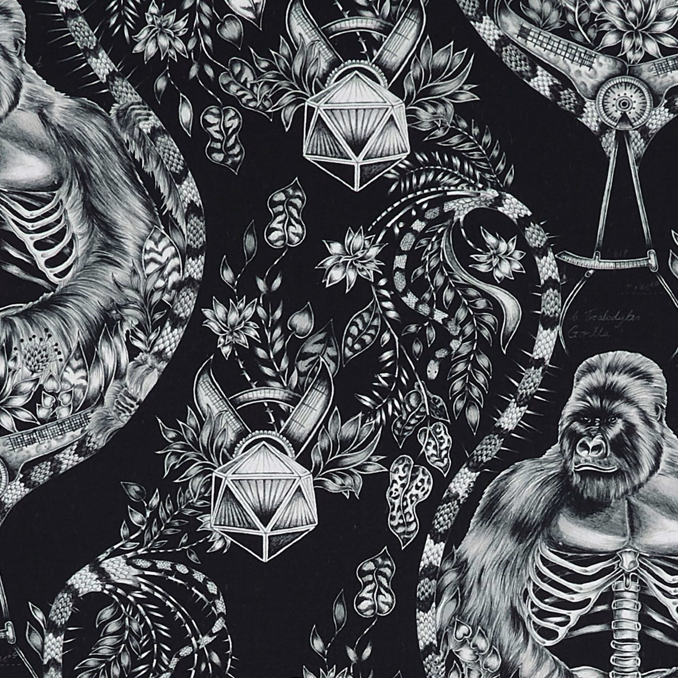 Silver-grey gorillas, flowers and geometric motifs on a charcoal-black fabric ground