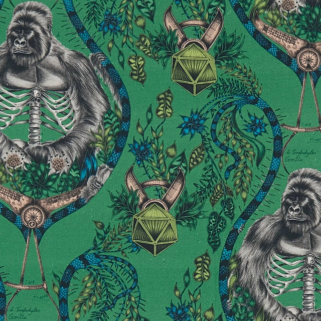 Emerald green textile with gorillas, botanical foliage, blue serpents and skeleton motifs