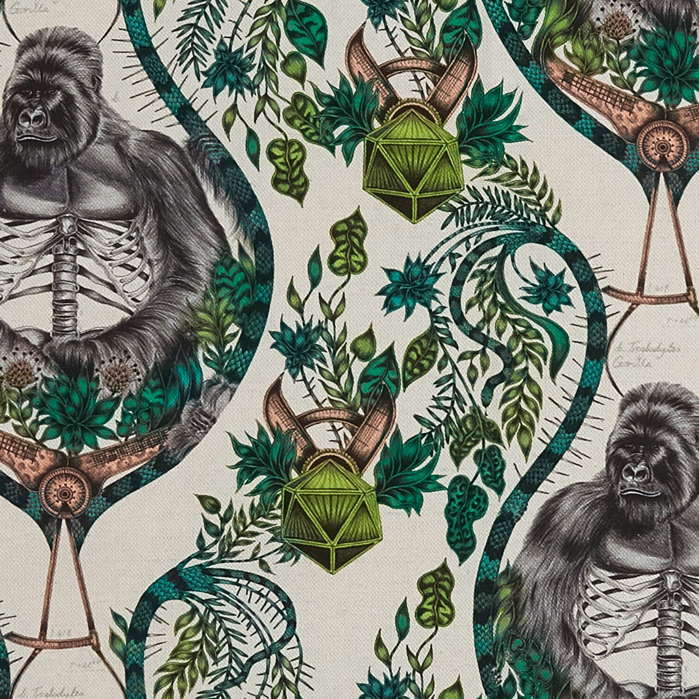 Warm nude fabric with emerald foliage and gorilla skeleton illustrations in charcoal linework