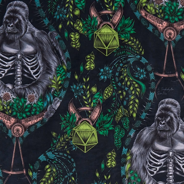Charcoal velvet with silverback gorillas, emerald foliage, copper harnesses and lime lantern motifs