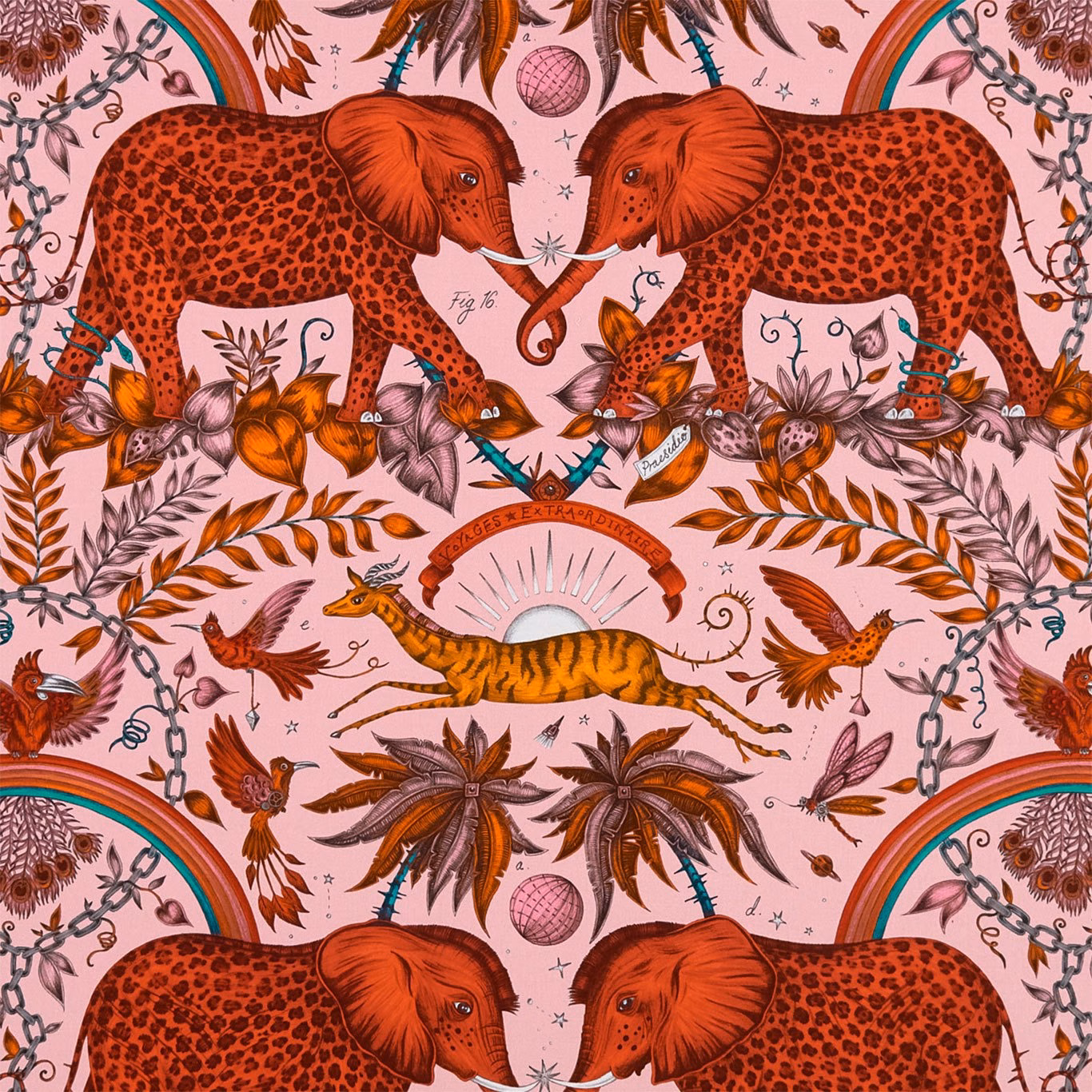Blush-pink Wilderie fabric with red elephants, tiger, palms and rainbow arches