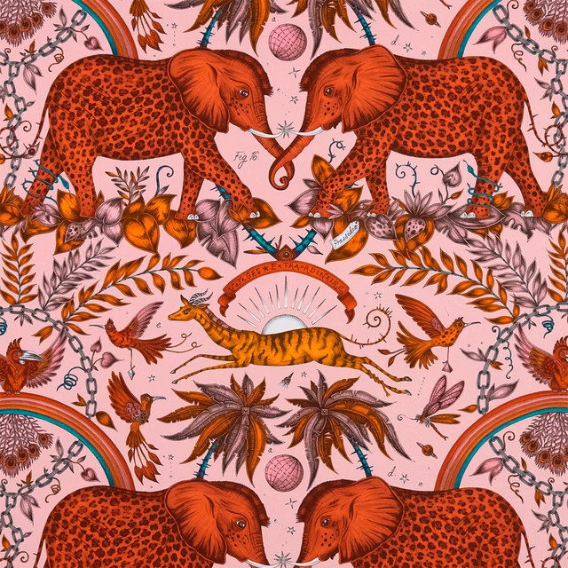 Blush-pink Wilderie fabric with red elephants, tiger, palms and rainbow arches