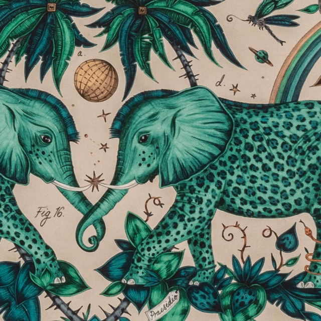Emerald elephants and leopard beside palms on a warm beige textile ground