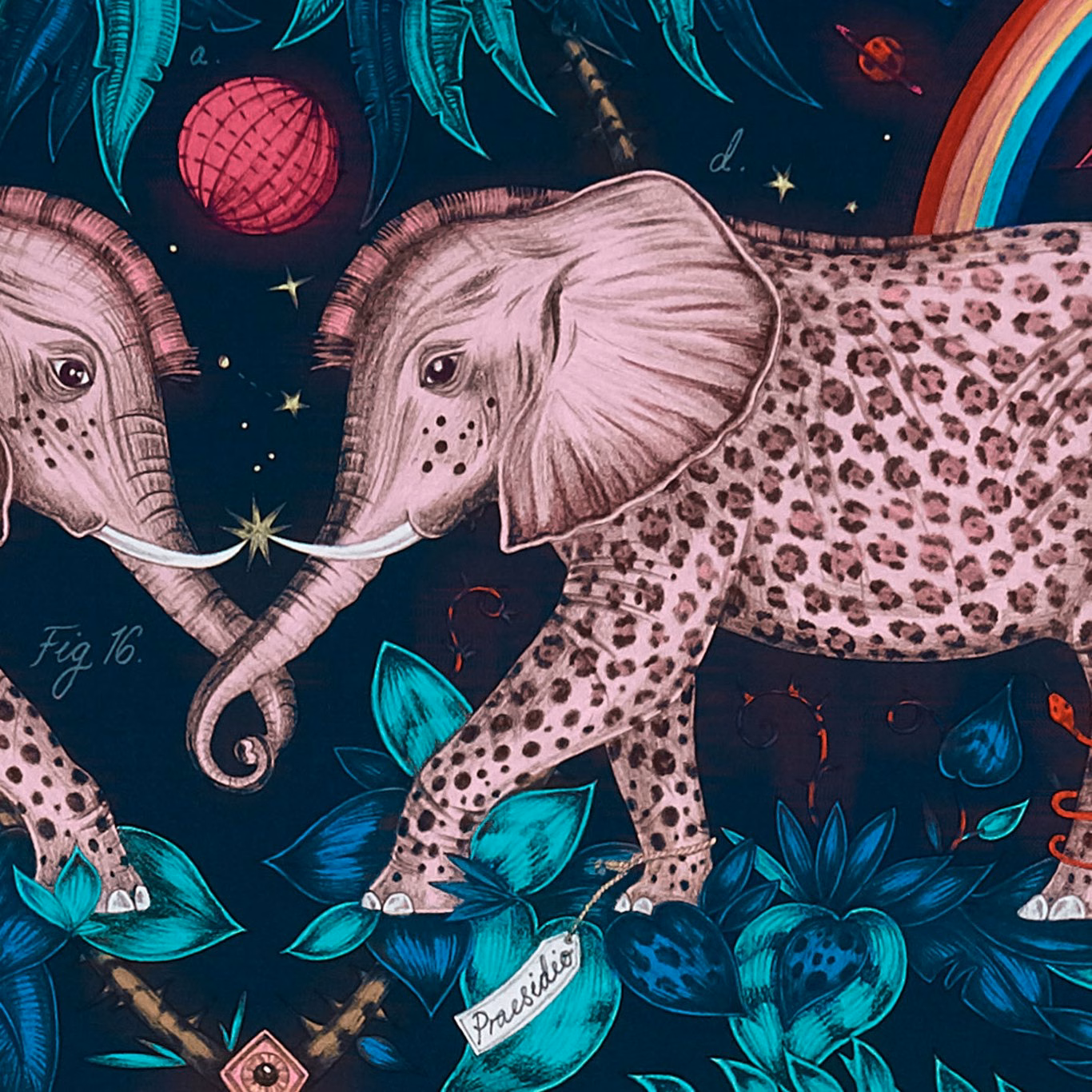 Deep navy fabric with pink elephants, turquoise leaves, rainbow and celestial accents