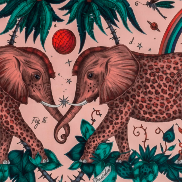 Dusty pink velvet with elephants, spotted leopard bodies, emerald foliage and rainbow details