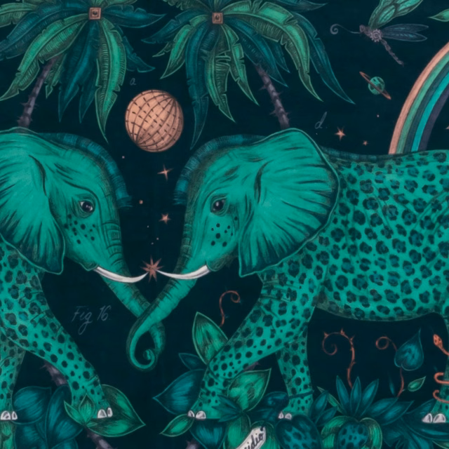 Teal velvet showing emerald elephants, a spotted leopard, foliage and a dark starry ground