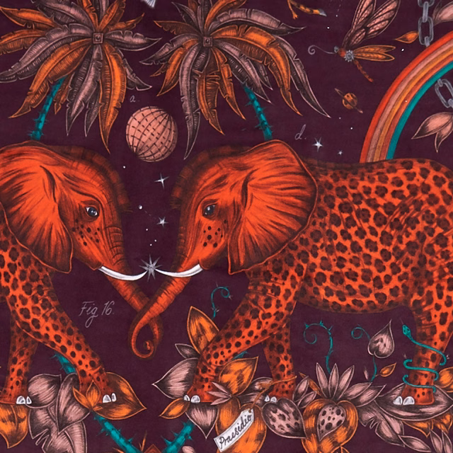 Deep wine velvet with orange elephants, spotted leopard, rainbow and intricate botanical wildlife motifs
