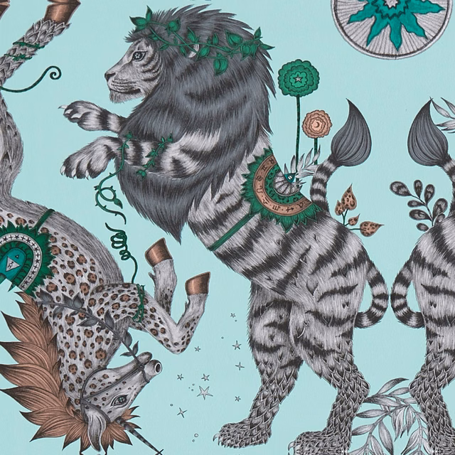 Pale aqua wallpaper with striped grey animals, leopard spots, emerald leaves and copper details
