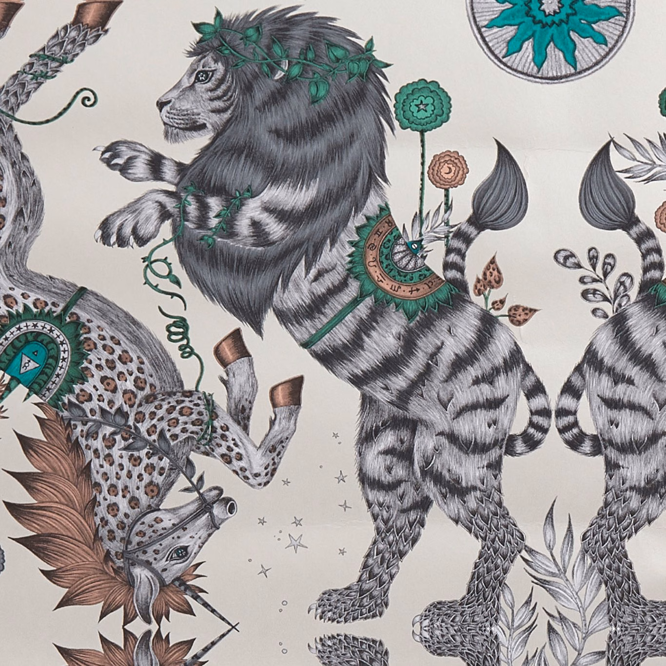 Ivory wallpaper with charcoal-grey animals, teal foliage and detailed botanical motifs