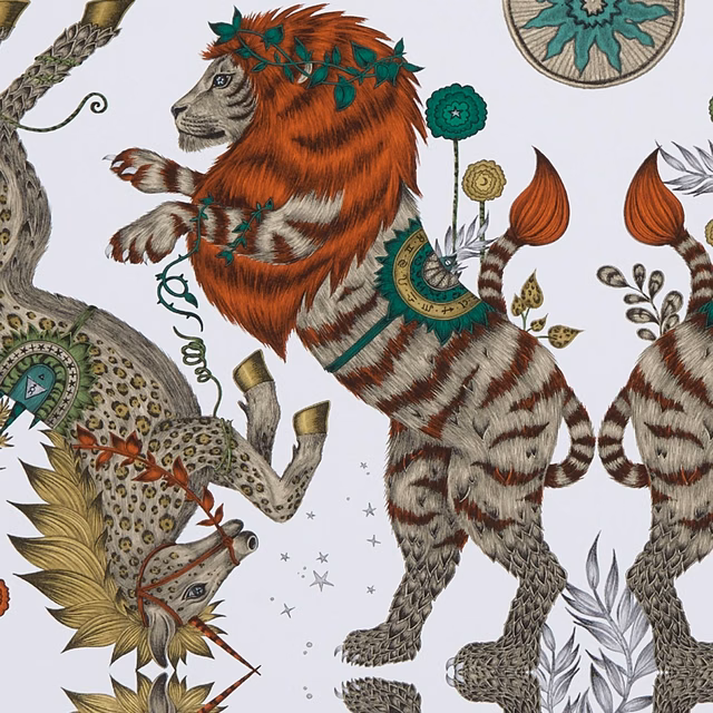 Caspian Gold wallpaper with russet-maned beasts, teal foliage and gold ornament