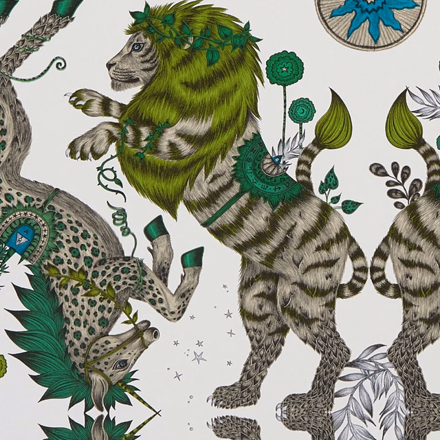 Lime-green striped beasts and a spotted leopard amid teal foliage on white