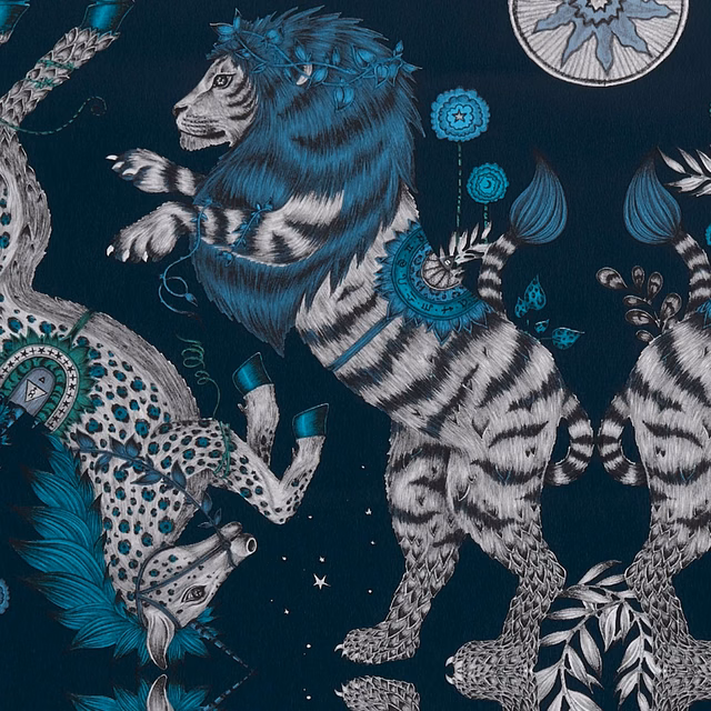 Deep navy wallpaper with teal feathers, striped fantastical animals and pale illustrated botanical details
