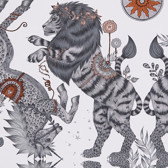Pale nude wallpaper with charcoal striped animals, spotted creatures and rust floral motifs