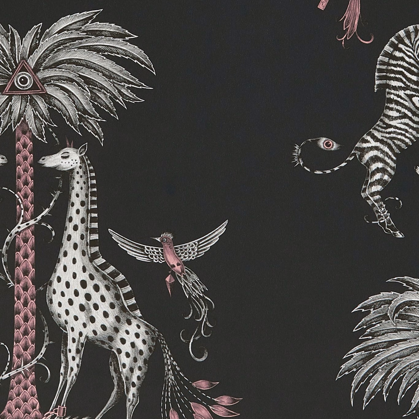 Charcoal wallpaper with silver palms, spotted giraffe, zebra and pink-accented bird