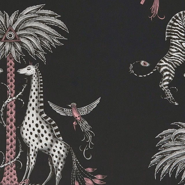 Charcoal wallpaper with silver palms, spotted giraffe, zebra and pink-accented bird
