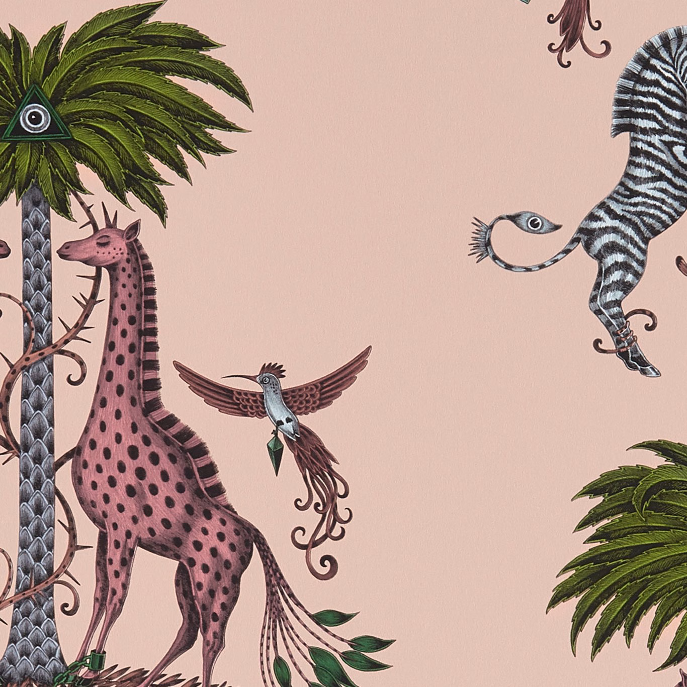 Blush pink wallpaper with spotted giraffe, zebra, palm leaves and hummingbird illustrations