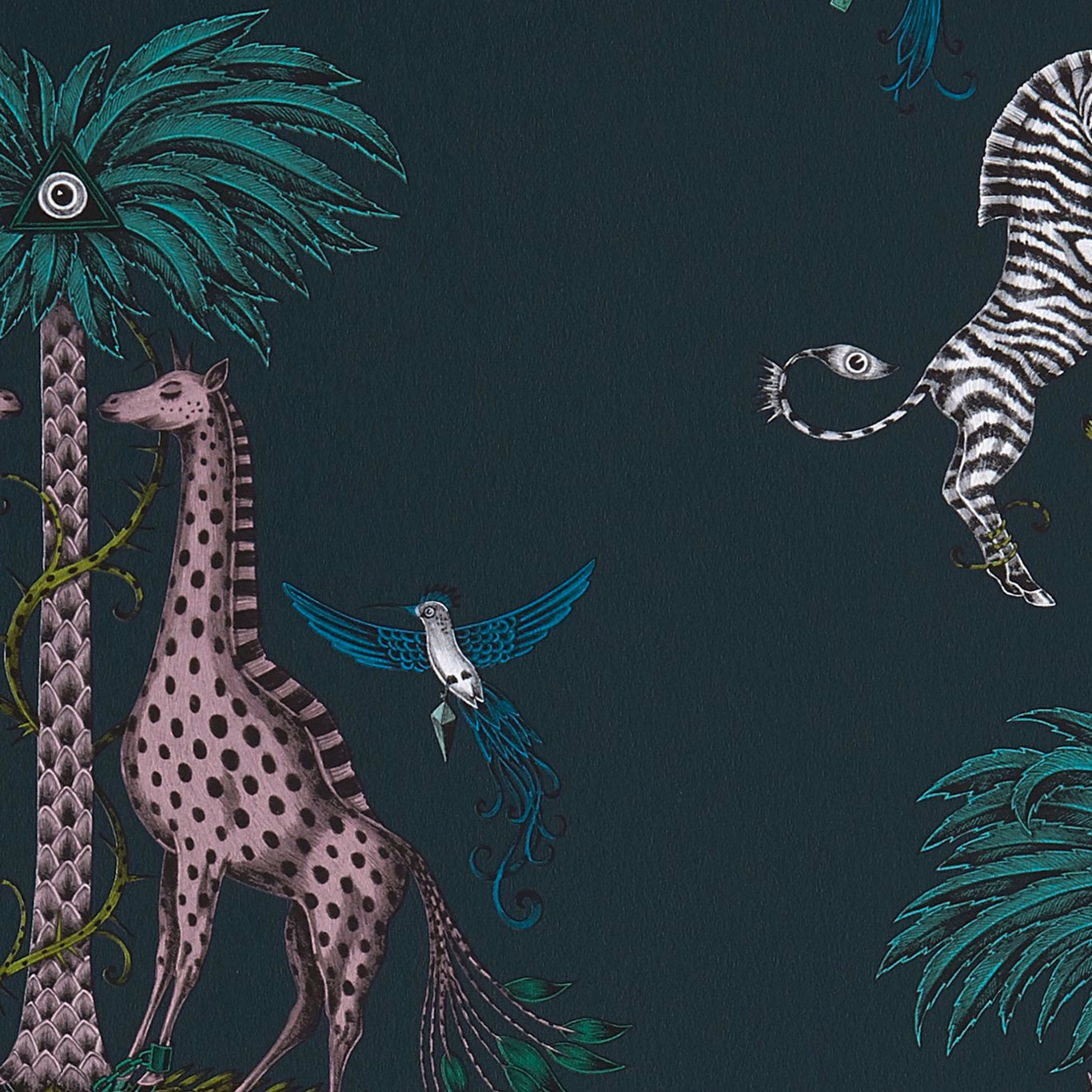 Deep teal wallpaper with pink giraffe, striped zebra, hummingbird and turquoise palm motifs