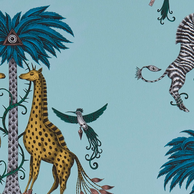 Turquoise jungle wallpaper with giraffe, zebra, palm fronds and a flying bird
