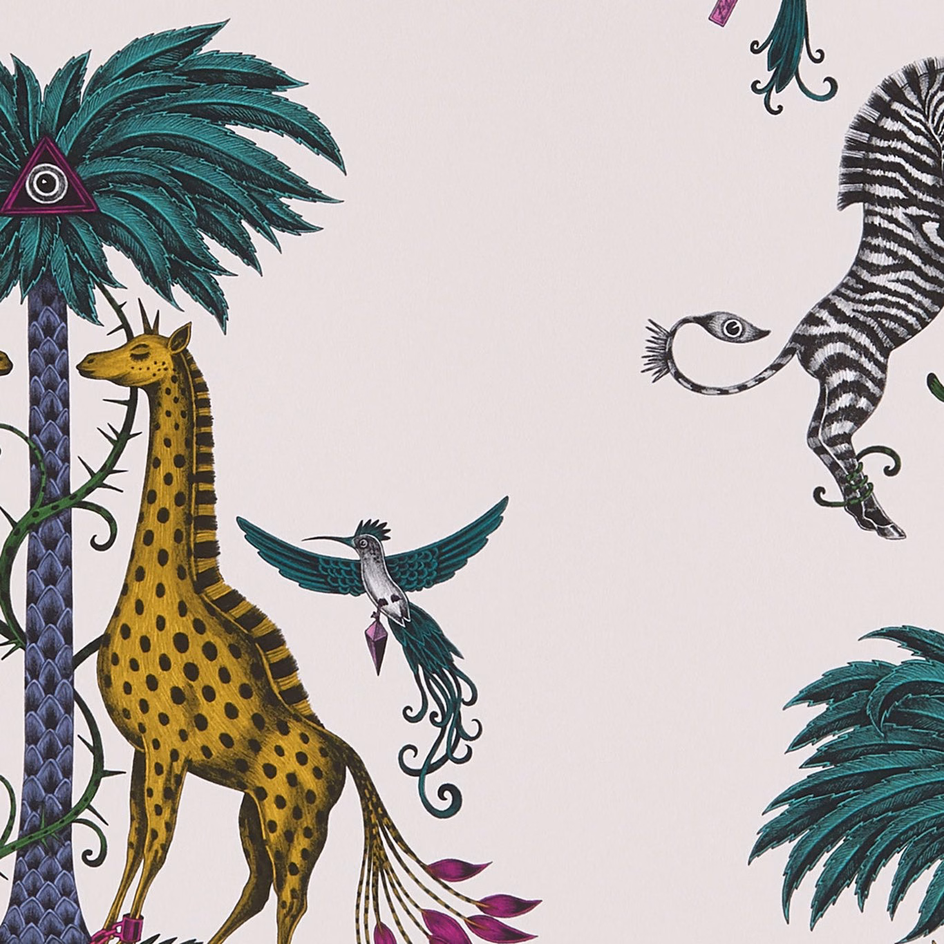 Ochre giraffe and teal palm motifs on a pale blush wallpaper ground