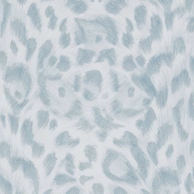 Pale duck-egg blue wallpaper with blurred white and blue animal-print brush marks