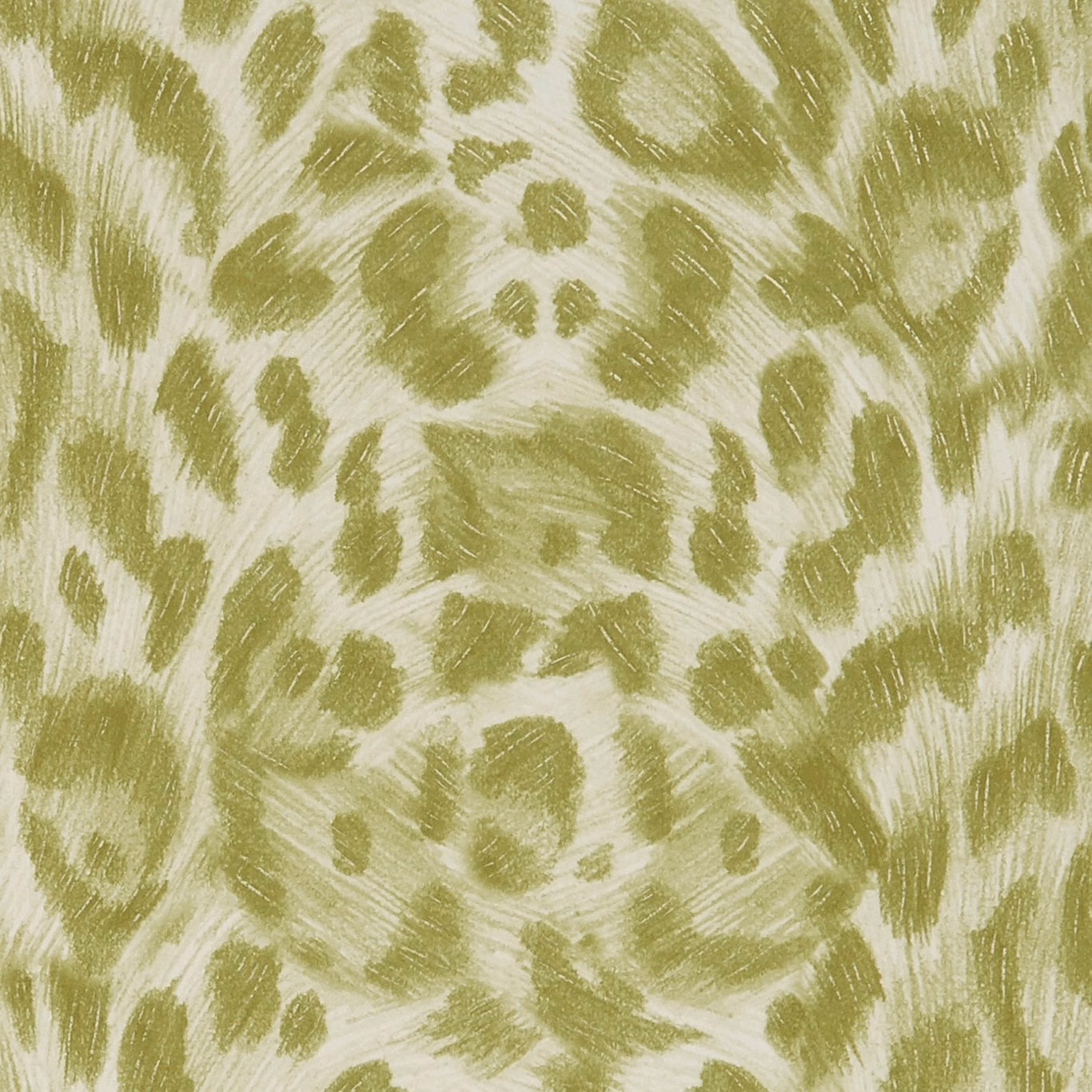 Muted olive-green painterly animal spots on a softly brushed cream wallpaper ground