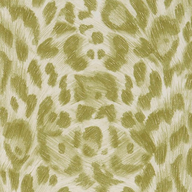 Muted olive-green painterly animal spots on a softly brushed cream wallpaper ground