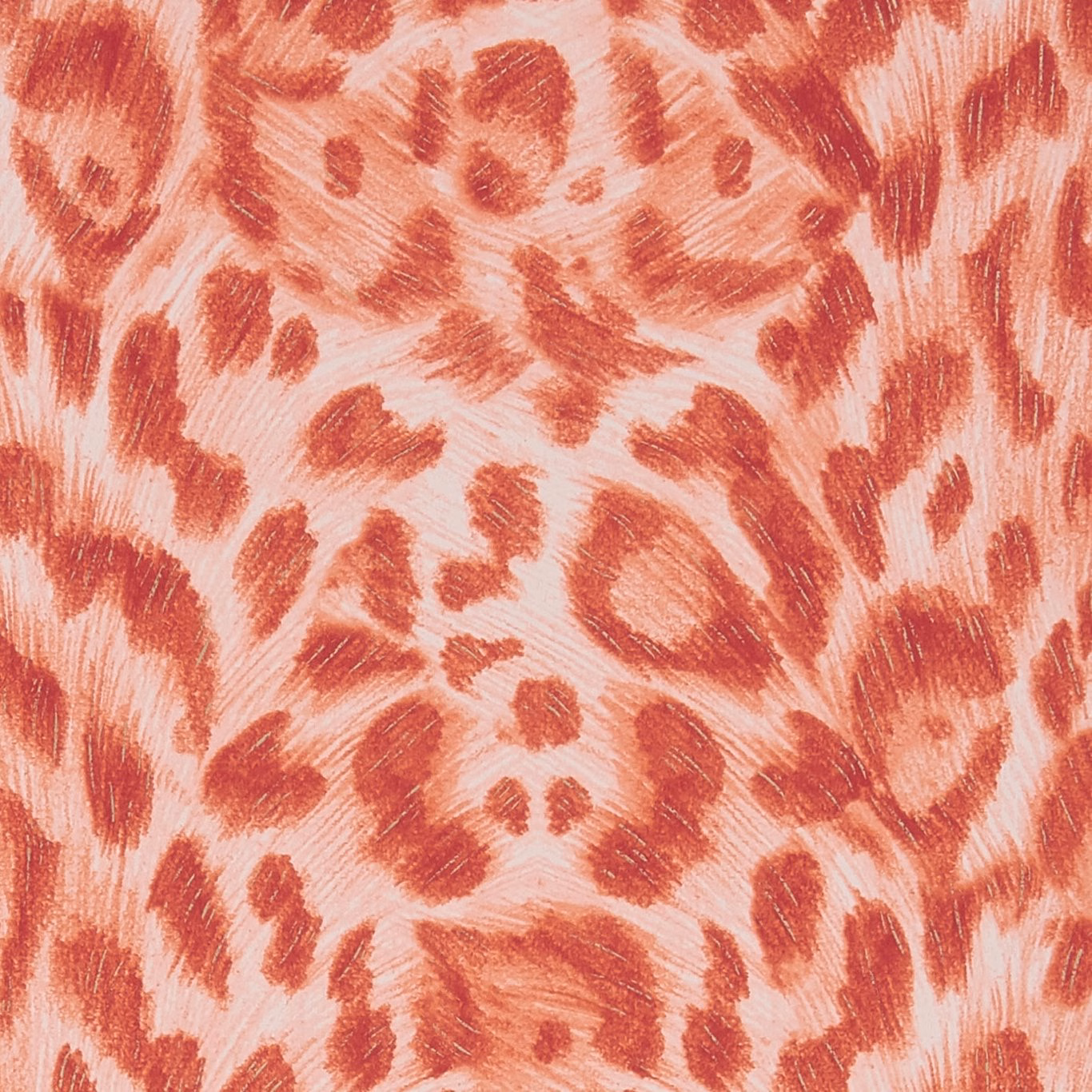 Blush rose-gold wallpaper with russet-red painterly animal markings and fine linear grain