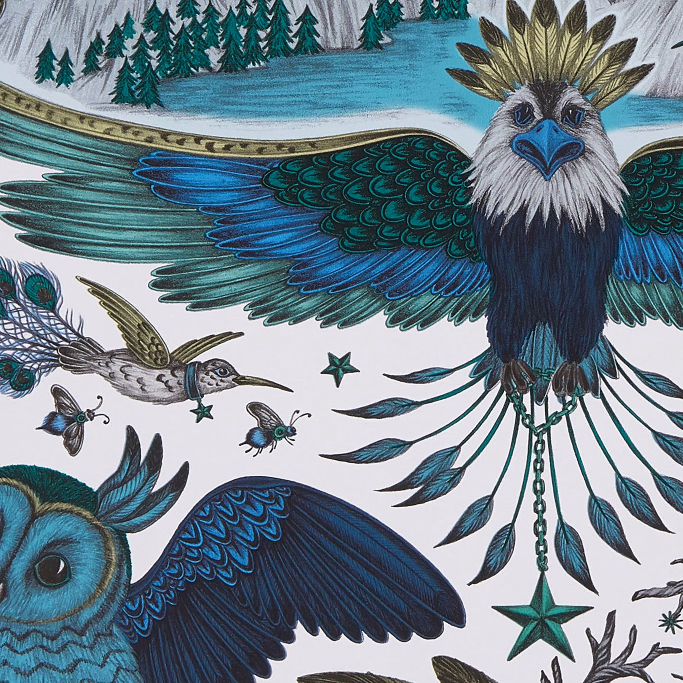 Cool teal eagle wallpaper with navy wings, forest, birds and star-tipped feathers