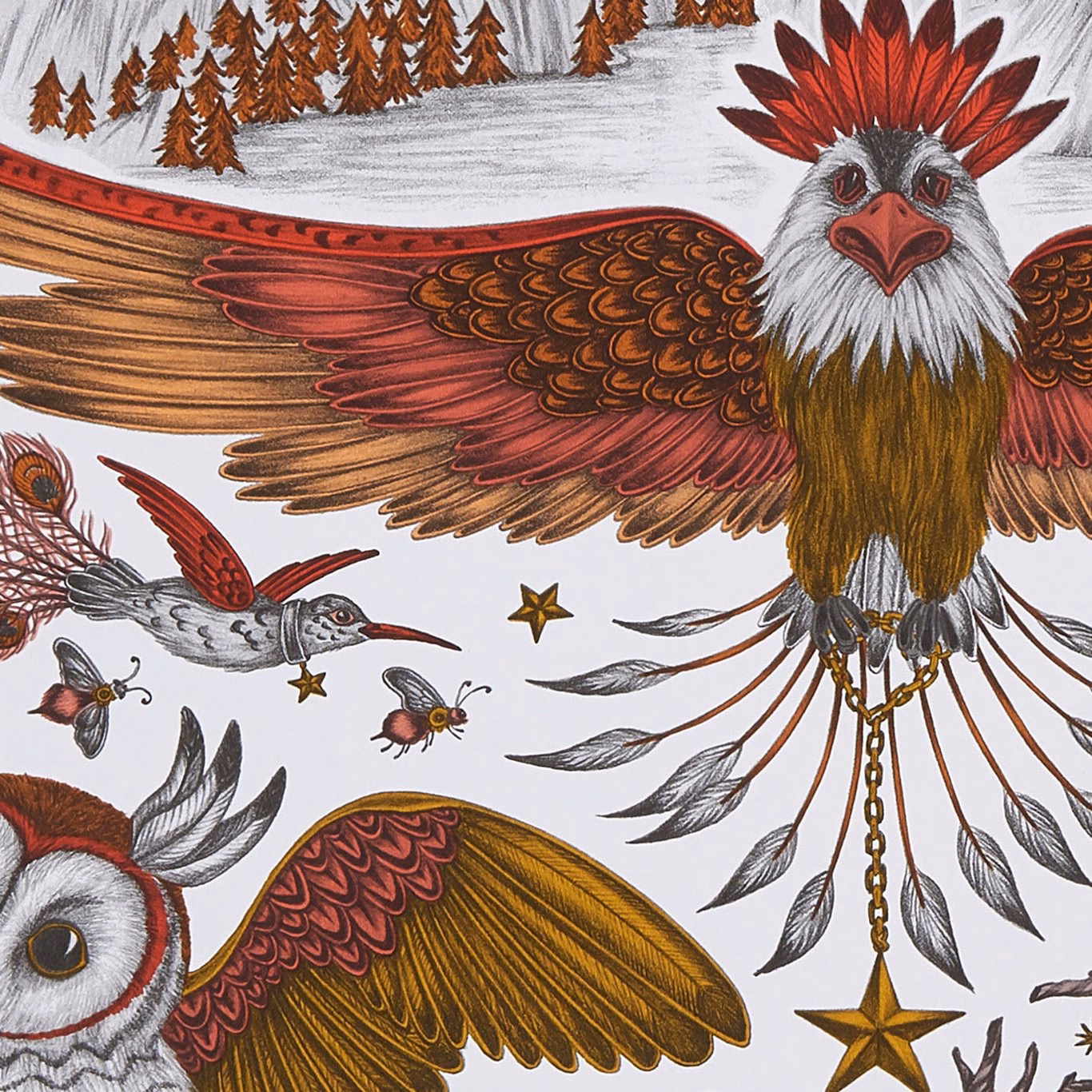 Crimson and gold eagle with owls and forest on snowy white ground