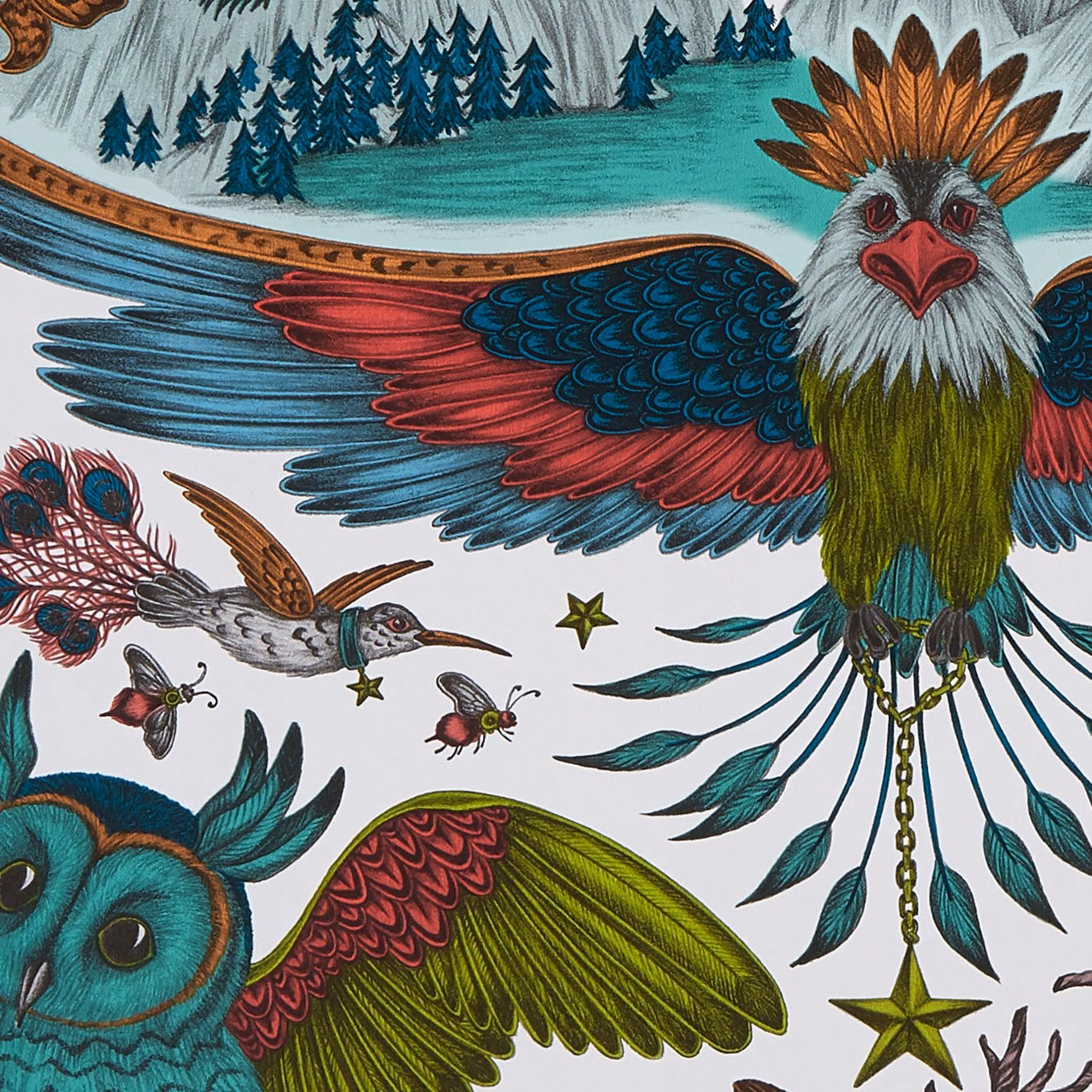 Frontier Green wallpaper showing teal birds, olive feathers and rust botanical details