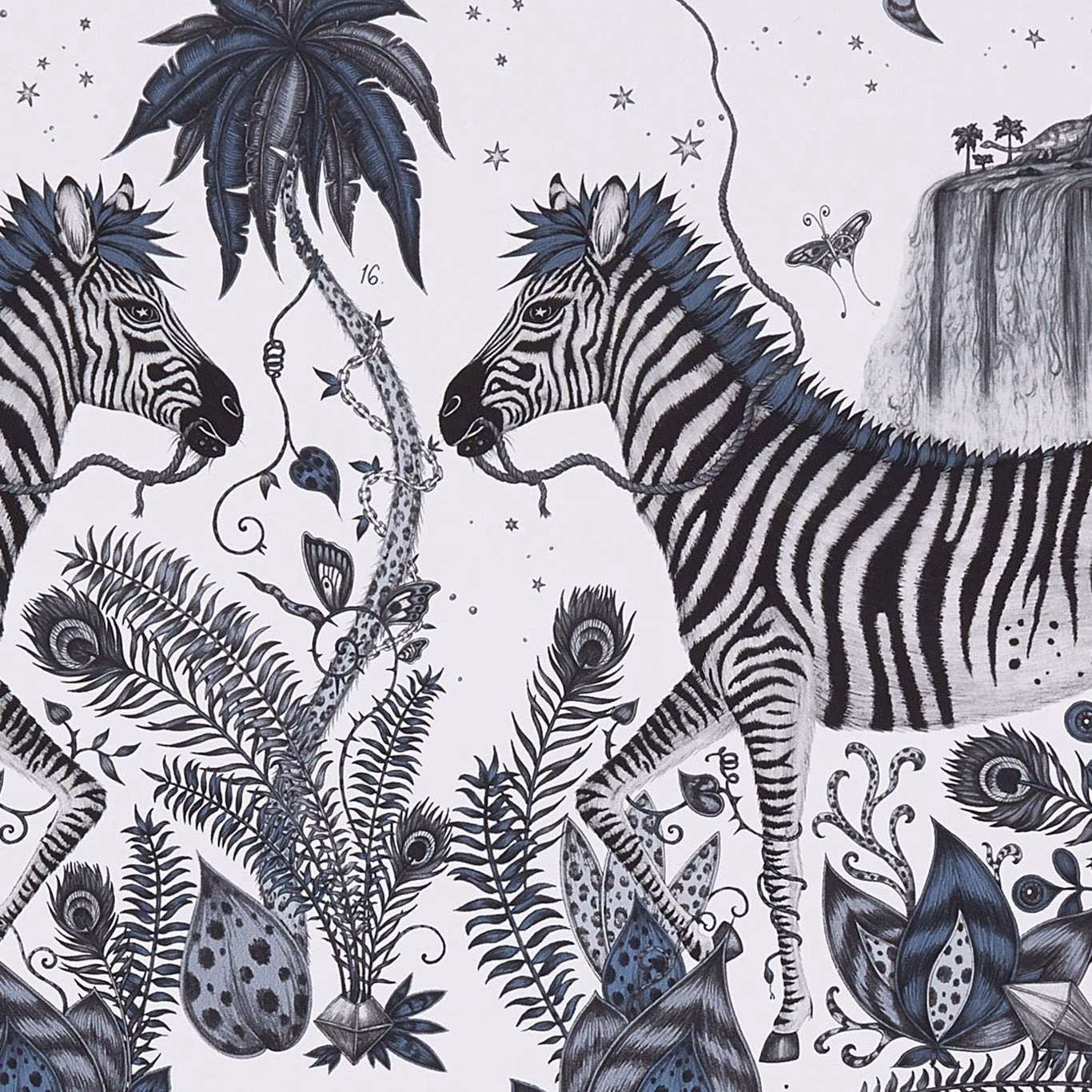 Ink-blue zebra, palm, giraffe and peacock motifs on a pale wallpaper ground