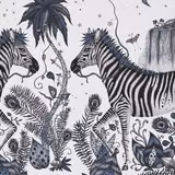Ink-blue zebra, palm, giraffe and peacock motifs on a pale wallpaper ground