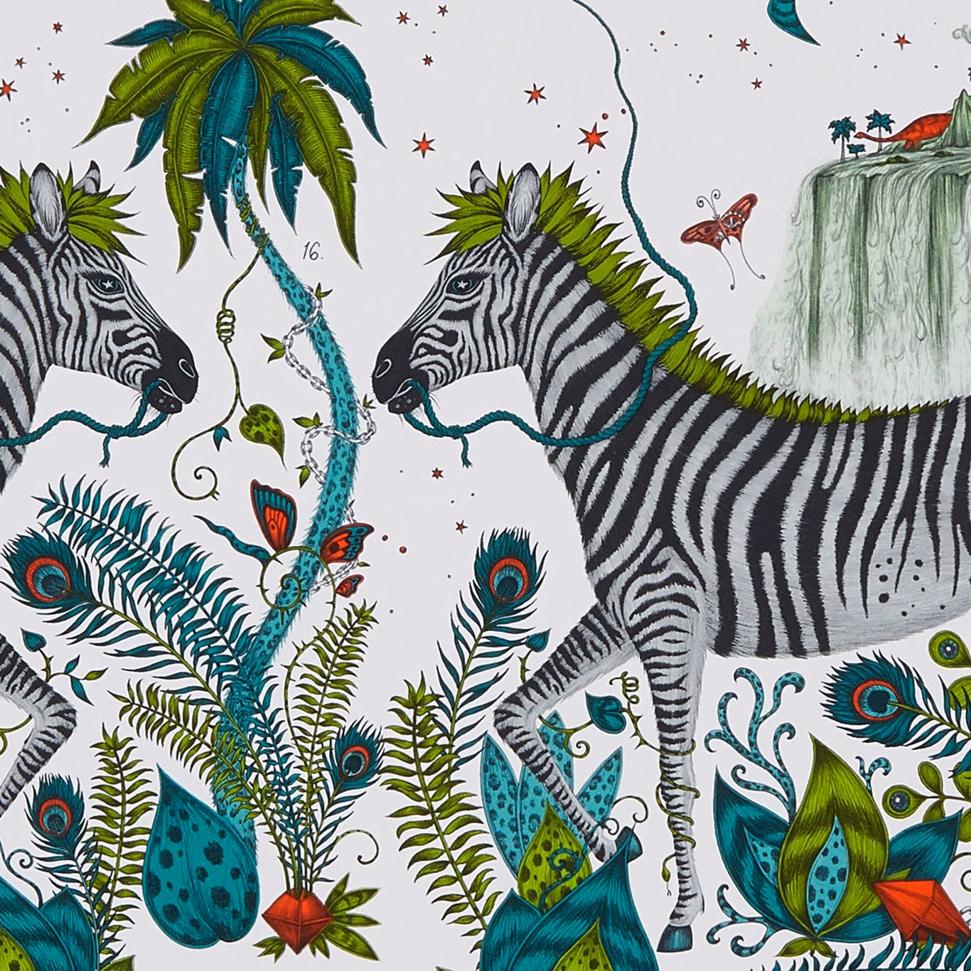 White-ground wallpaper with striped zebras, teal palms, green foliage and peacock feathers