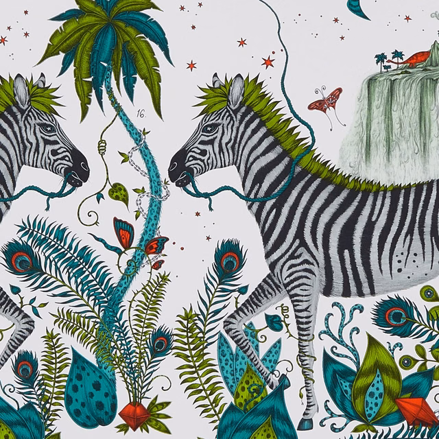 White-ground wallpaper with striped zebras, teal palms, green foliage and peacock feathers