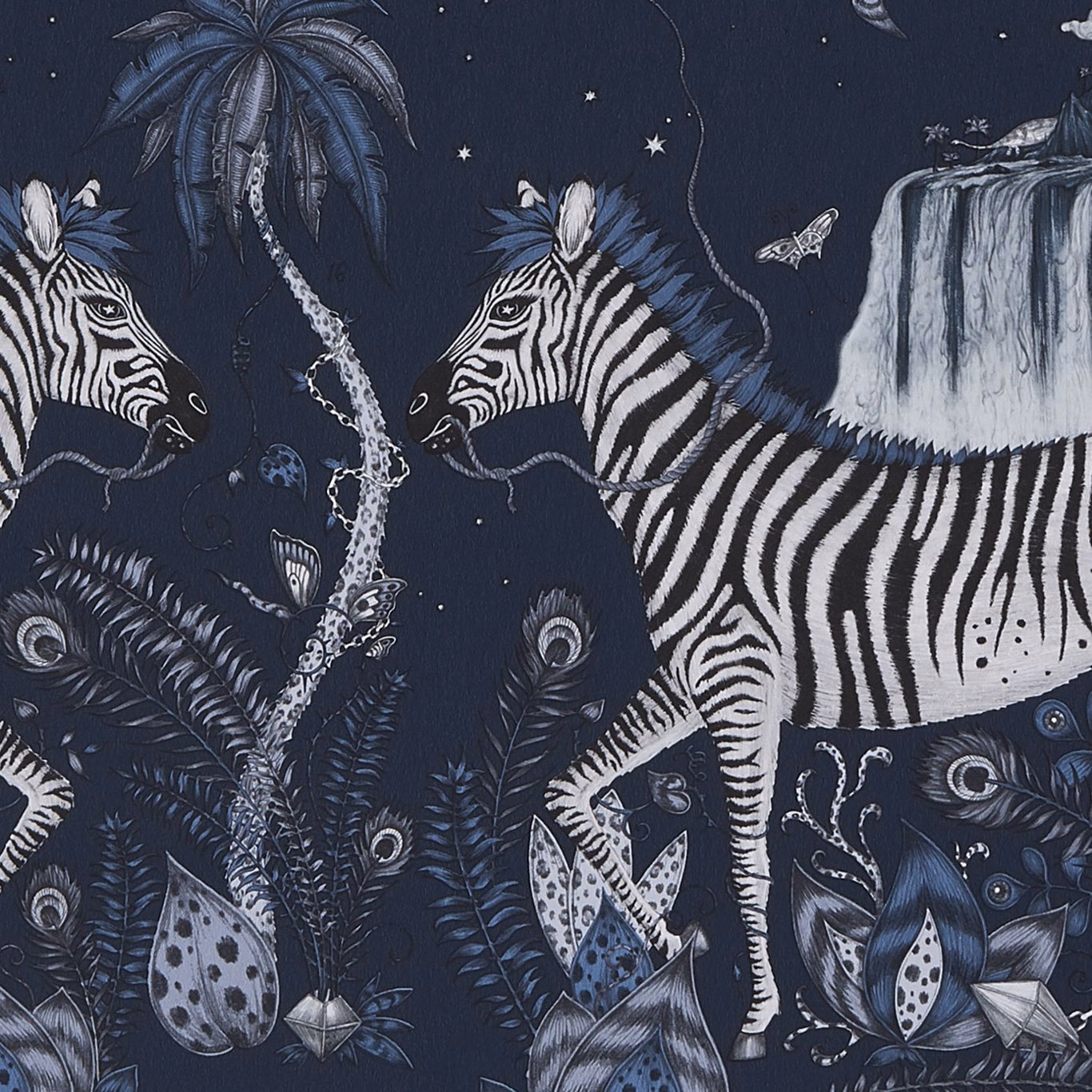 Deep navy wallpaper with striped zebras, blue-grey palms, feathers and a waterfall.