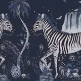 Deep navy wallpaper with striped zebras, blue-grey palms, feathers and a waterfall.