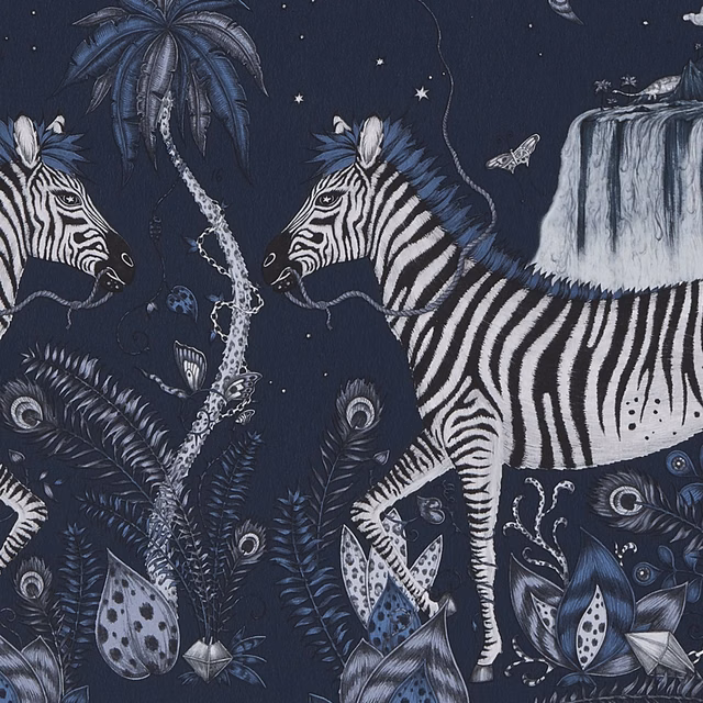 Deep navy wallpaper with striped zebras, blue-grey palms, feathers and a waterfall.