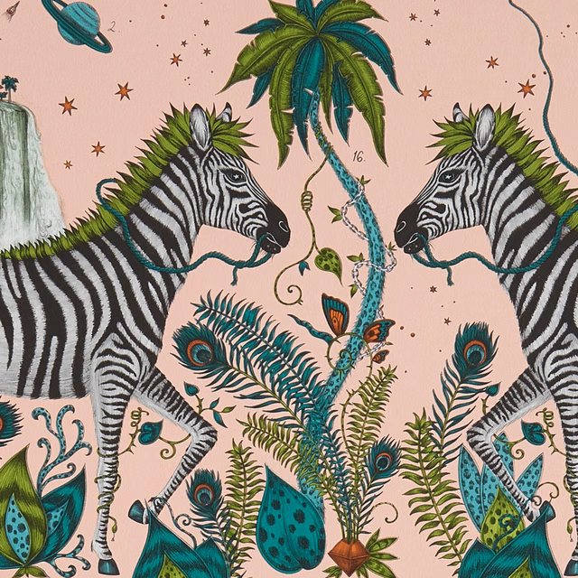 Blush pink wallpaper with mirrored zebras, turquoise giraffe and peacock foliage
