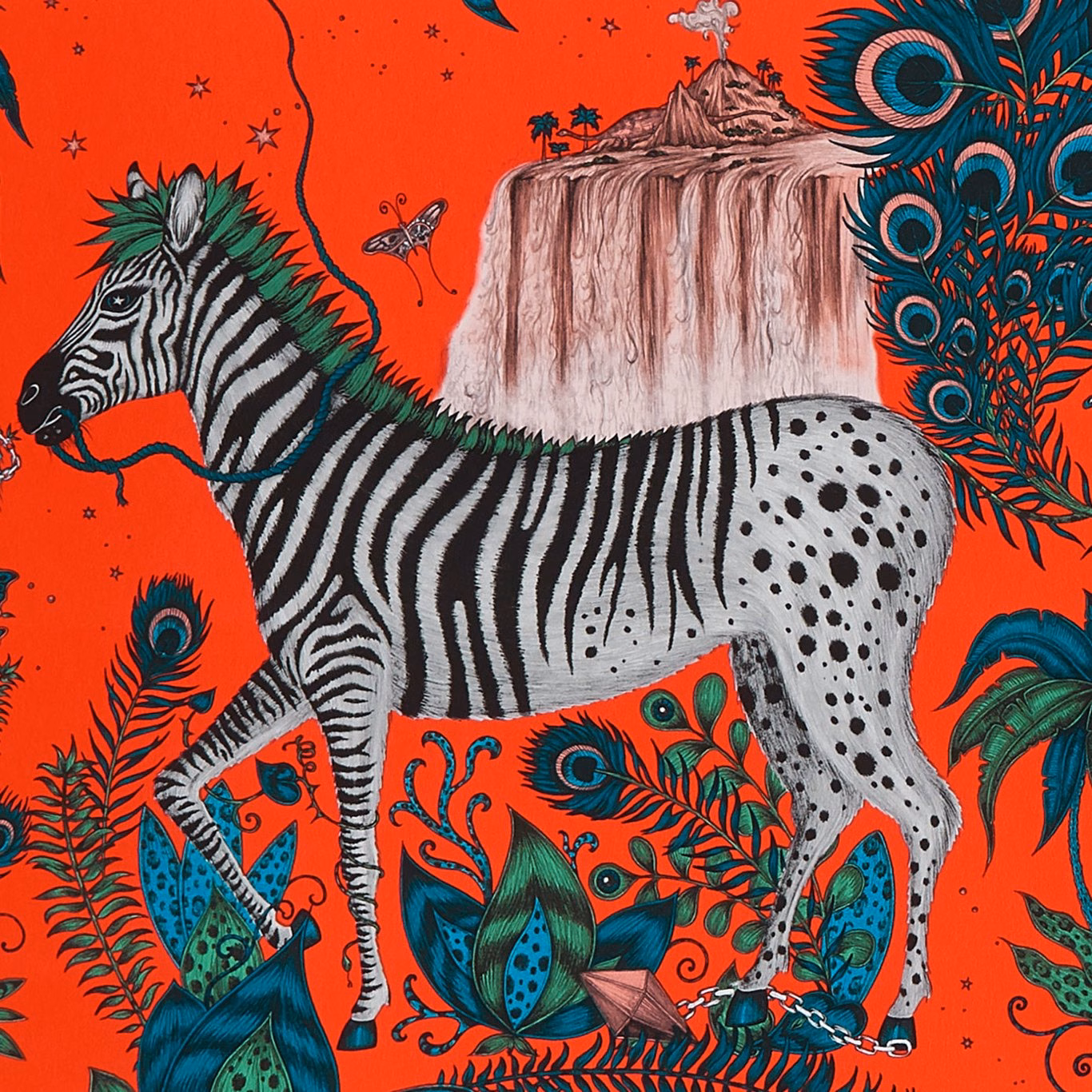 Scarlet red wallpaper showing a striped zebra, waterfall, peacock feathers and botanical foliage